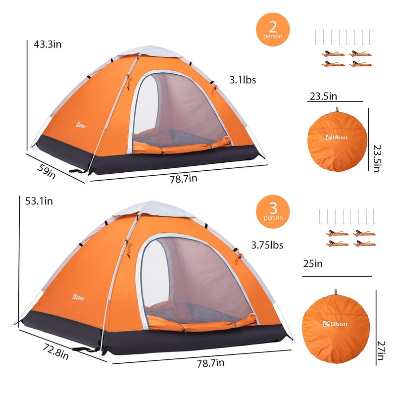 Ubon 3 Person Easy Assembly Instant Tent Sturdy Pop Up Tent Kids Outdoor Activities - Orange - Image 4